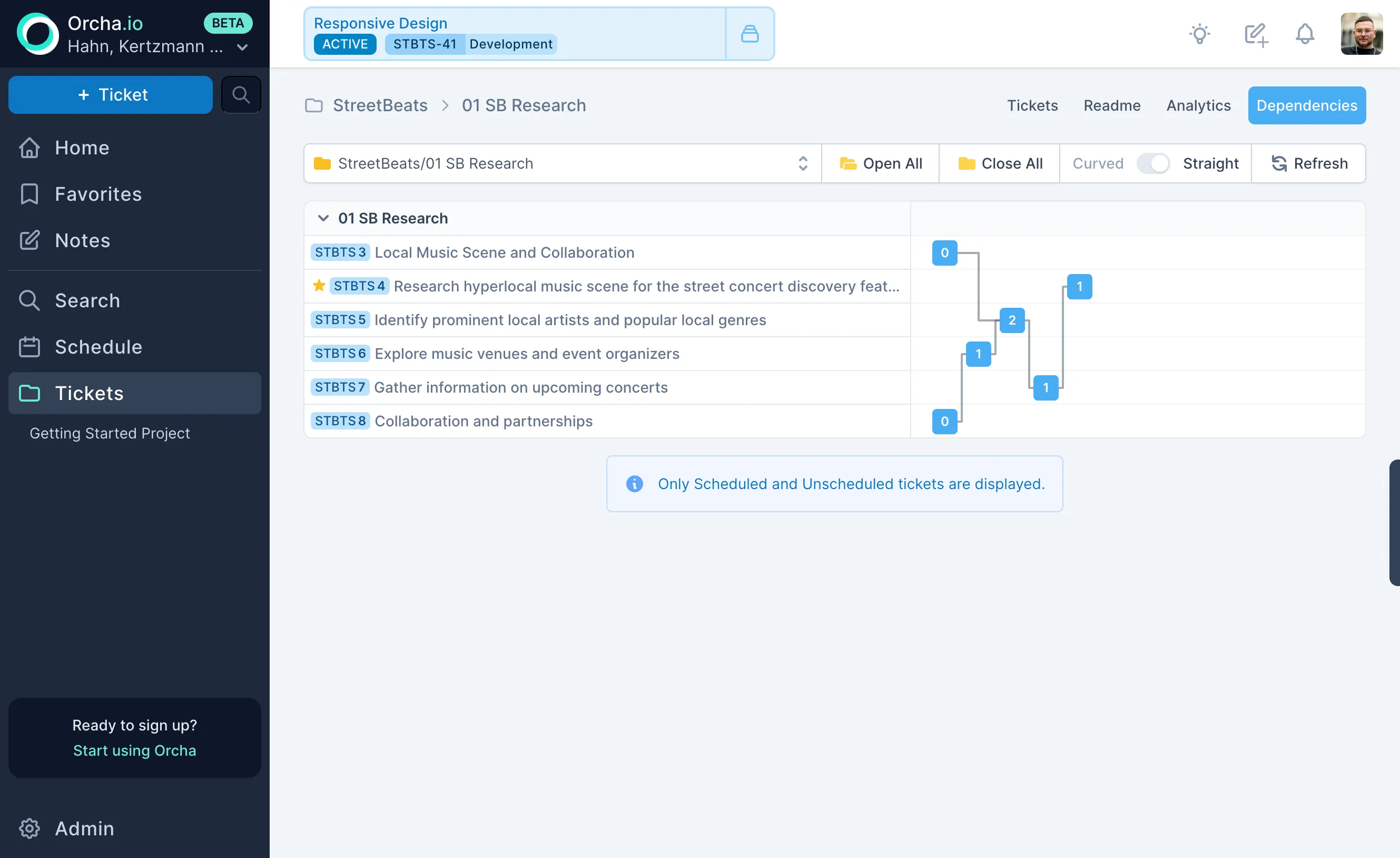 Visual dependency graph showing relationships between tickets in a project
